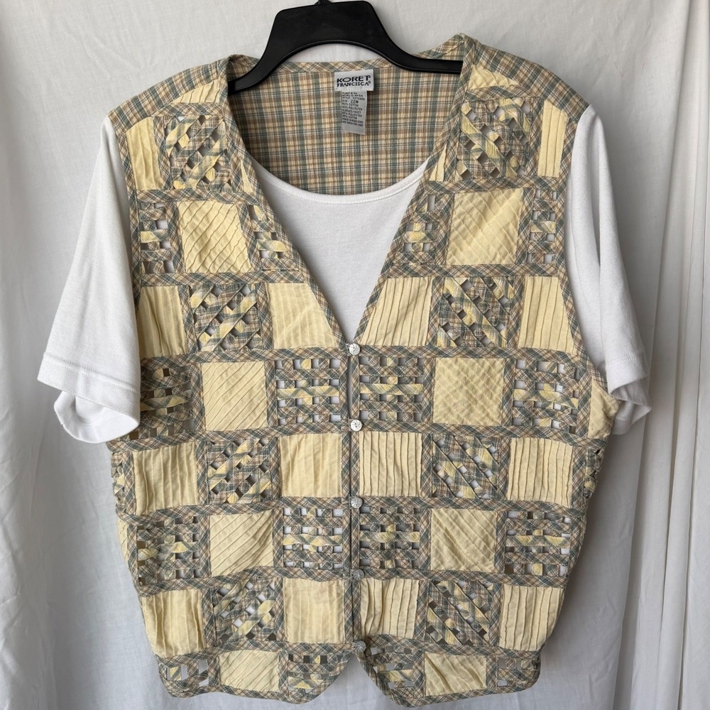 Vintage 90s Cottagecore Koret Francisca Vest Top Yellow Plaid Patchwork Plus 22W